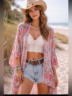 Ariat Pink Floral Boho Chic Coastal Cowgirl Kimono